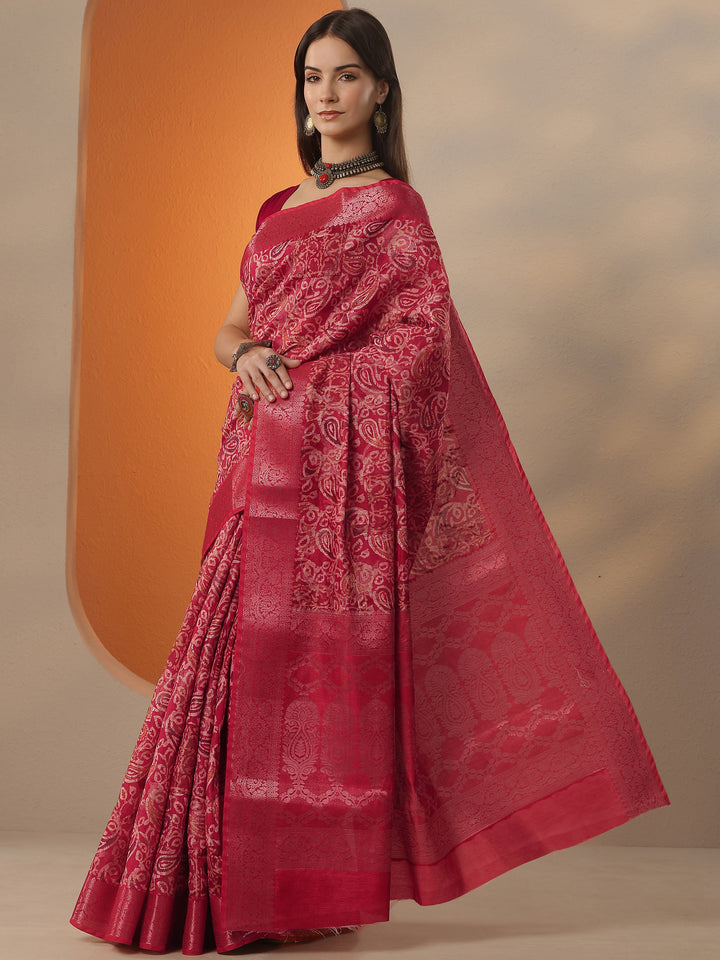 Red Printed Silk Blend Saree With Unstitched Blouse Piece