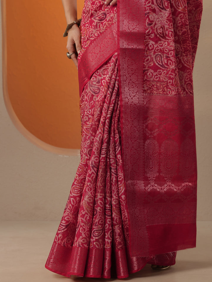 Red Printed Silk Blend Saree With Unstitched Blouse Piece