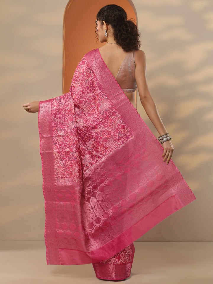 Pink Printed Silk Blend Saree With Unstitched Blouse Piece