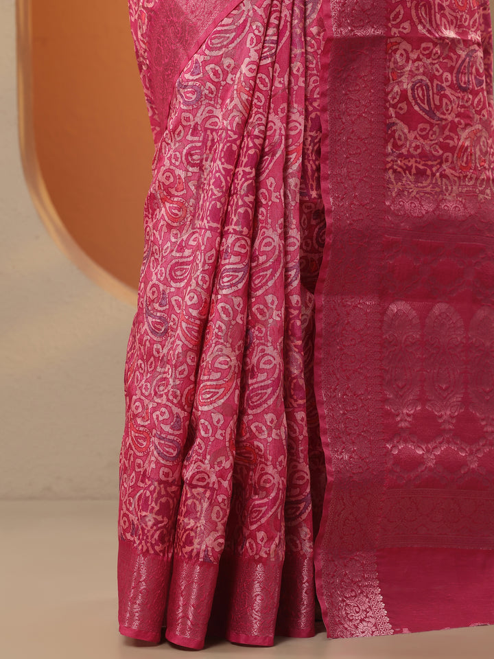 Pink Printed Silk Blend Saree With Unstitched Blouse Piece
