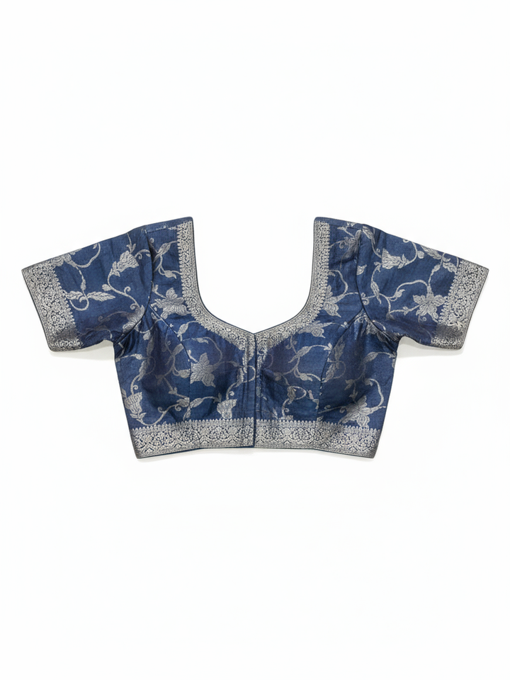 Blue Printed Silk Blend Saree With Unstitched Blouse Piece