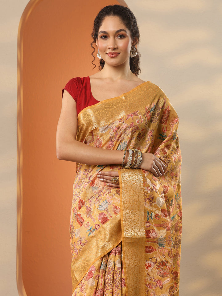 Mustard Printed Silk Blend Saree With Unstitched Blouse Piece