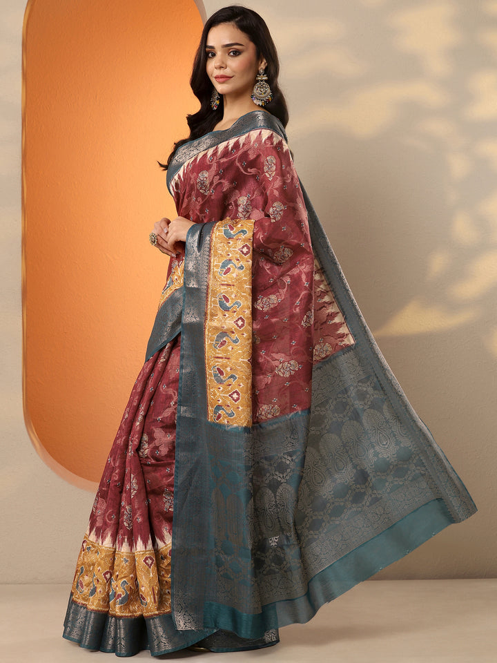 Maroon Printed Silk Blend Saree With Unstitched Blouse Piece