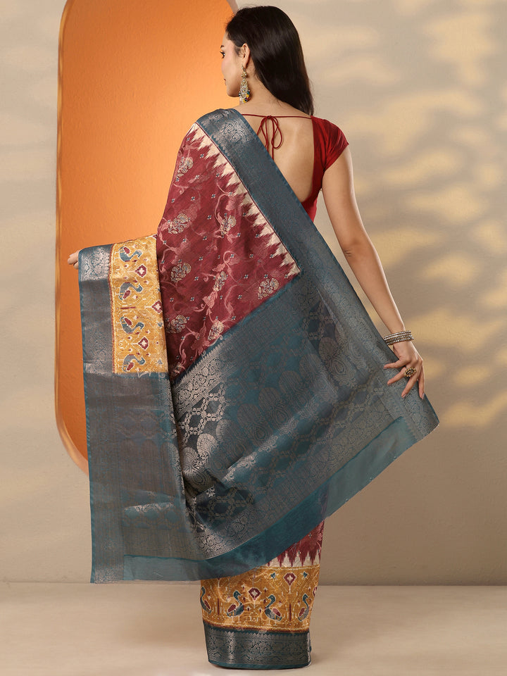 Maroon Printed Silk Blend Saree With Unstitched Blouse Piece