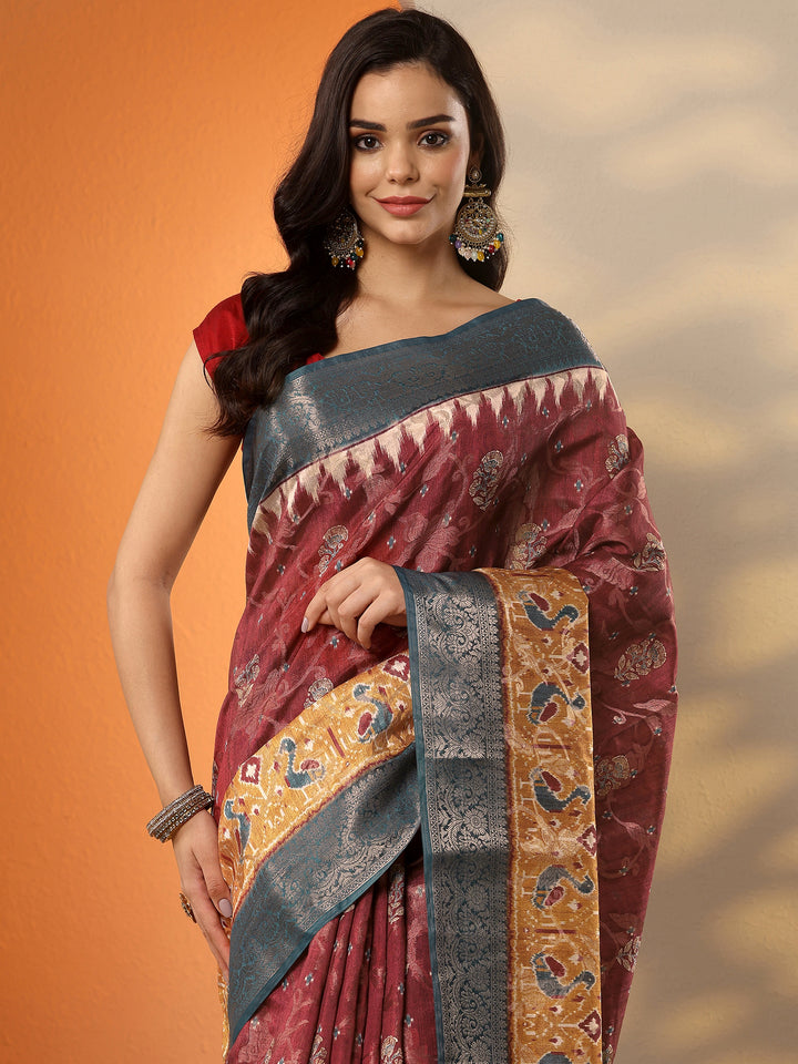 Maroon Printed Silk Blend Saree With Unstitched Blouse Piece