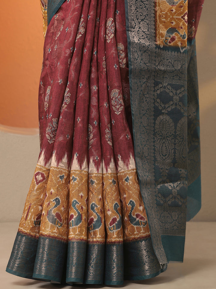 Maroon Printed Silk Blend Saree With Unstitched Blouse Piece