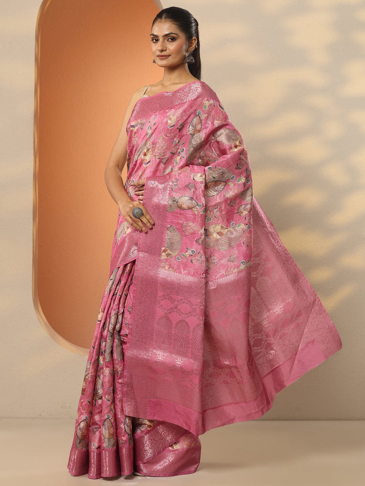 Pink Printed Silk Blend Saree With Unstitched Blouse Piece