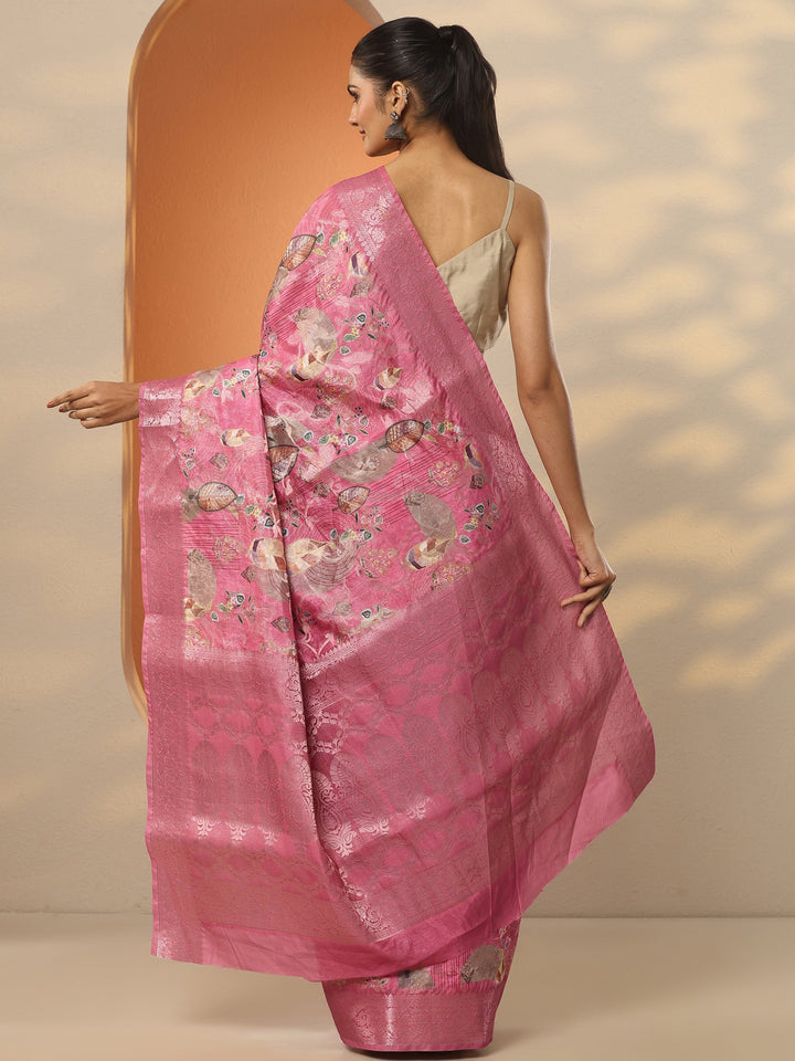 Pink Printed Silk Blend Saree With Unstitched Blouse Piece