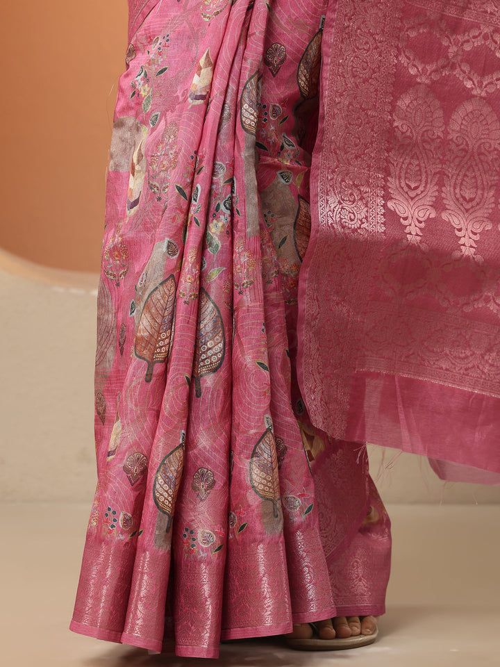 Pink Printed Silk Blend Saree With Unstitched Blouse Piece