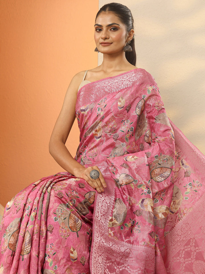 Pink Printed Silk Blend Saree With Unstitched Blouse Piece