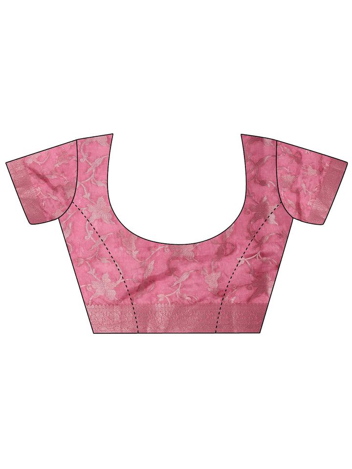 Pink Printed Silk Blend Saree With Unstitched Blouse Piece