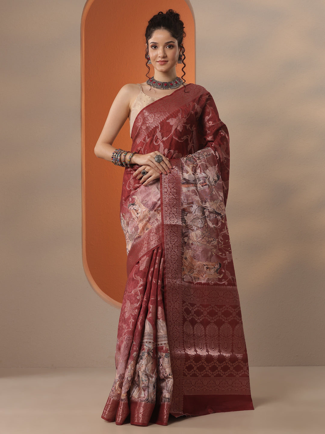 Brown Woven Design Silk Blend Saree With Unstitched Blouse Piece