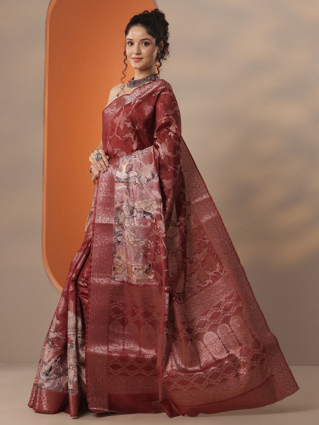 Brown Woven Design Silk Blend Saree With Unstitched Blouse Piece