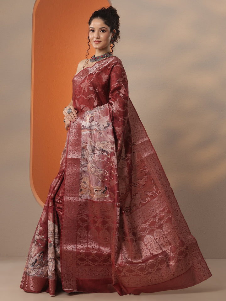 Brown Woven Design Silk Blend Saree With Unstitched Blouse Piece