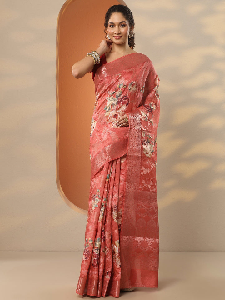 Coral Printed Silk Blend Saree With Unstitched Blouse Piece