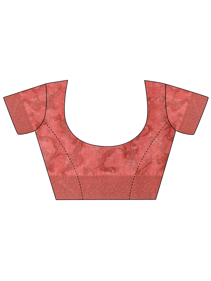 Coral Printed Silk Blend Saree With Unstitched Blouse Piece