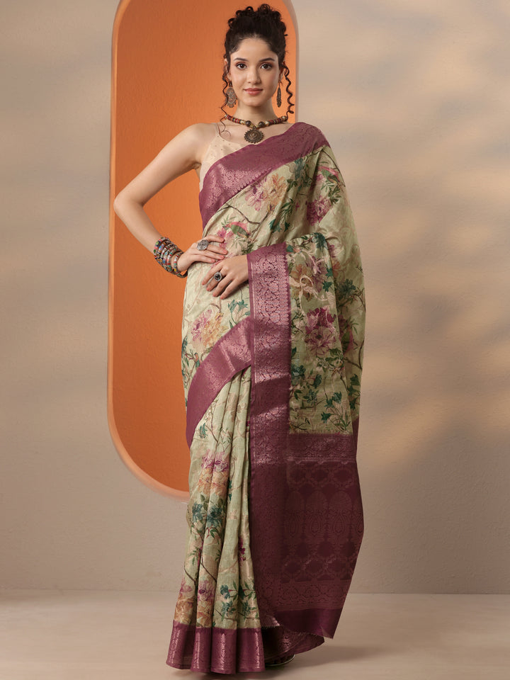 Green Printed Silk Blend Saree With Unstitched Blouse Piece
