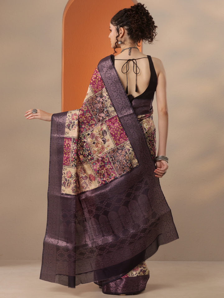 Multi Printed Silk Blend Saree With Unstitched Blouse Piece
