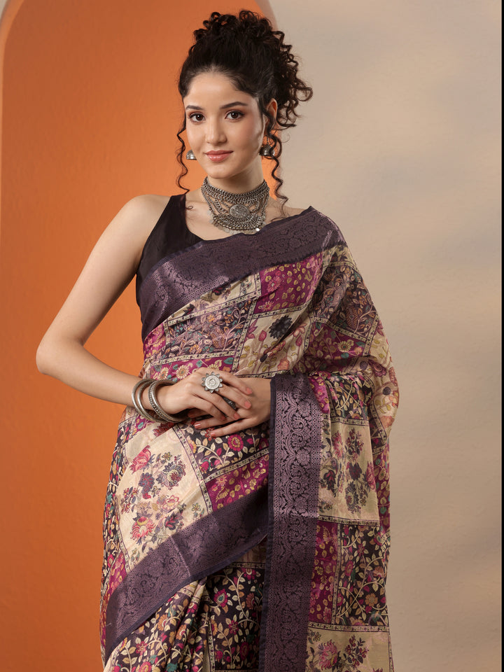 Multi Printed Silk Blend Saree With Unstitched Blouse Piece