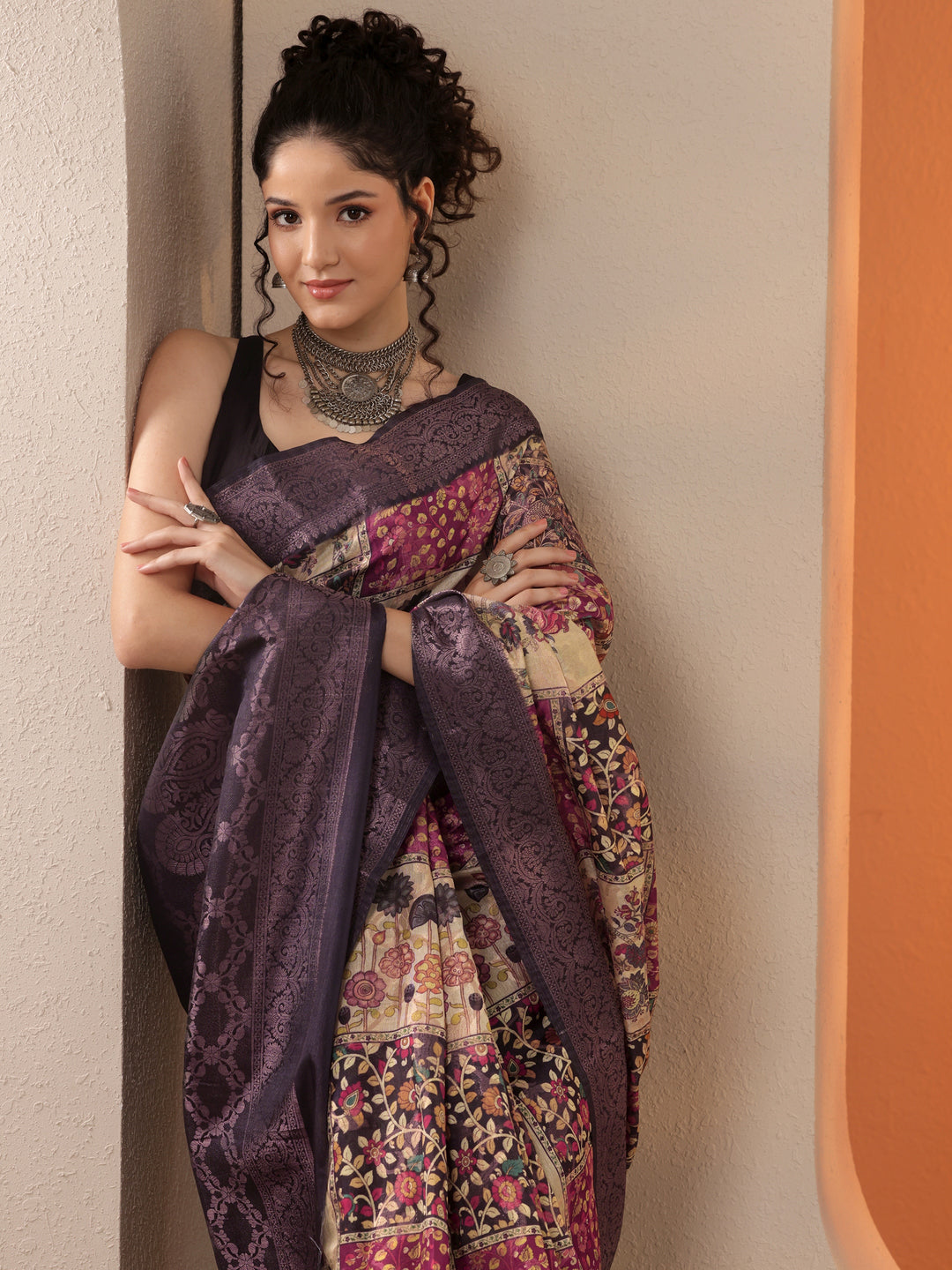 Multi Printed Silk Blend Saree With Unstitched Blouse Piece