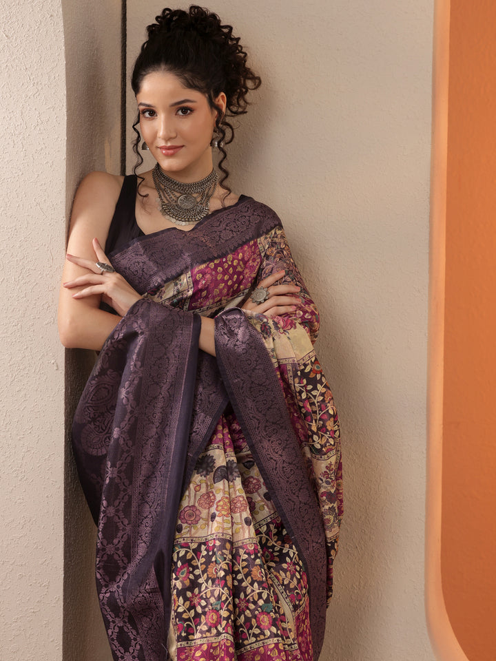 Multi Printed Silk Blend Saree With Unstitched Blouse Piece