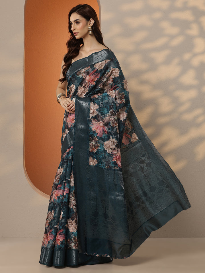 Blue Printed Silk Blend Saree With Unstitched Blouse Piece