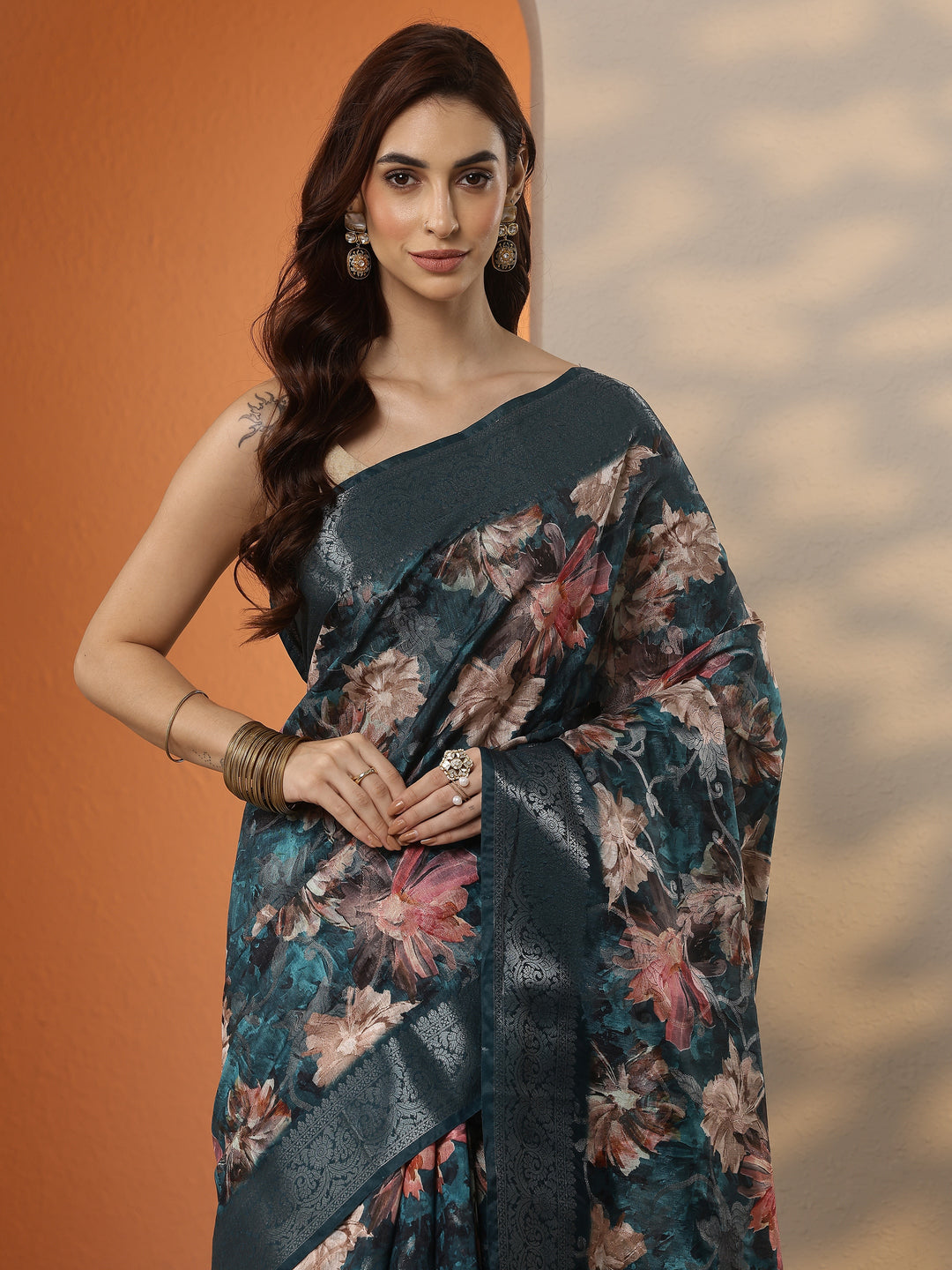 Blue Printed Silk Blend Saree With Unstitched Blouse Piece