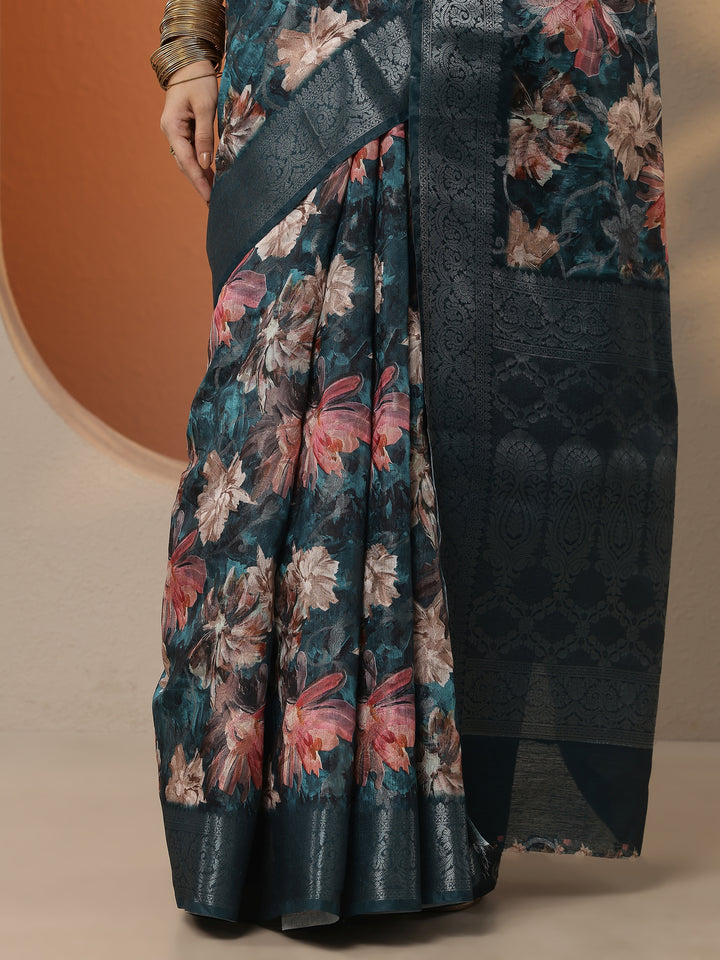 Blue Printed Silk Blend Saree With Unstitched Blouse Piece