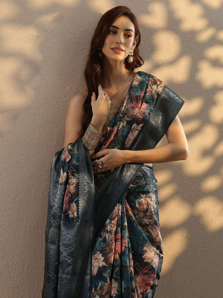 Blue Printed Silk Blend Saree With Unstitched Blouse Piece