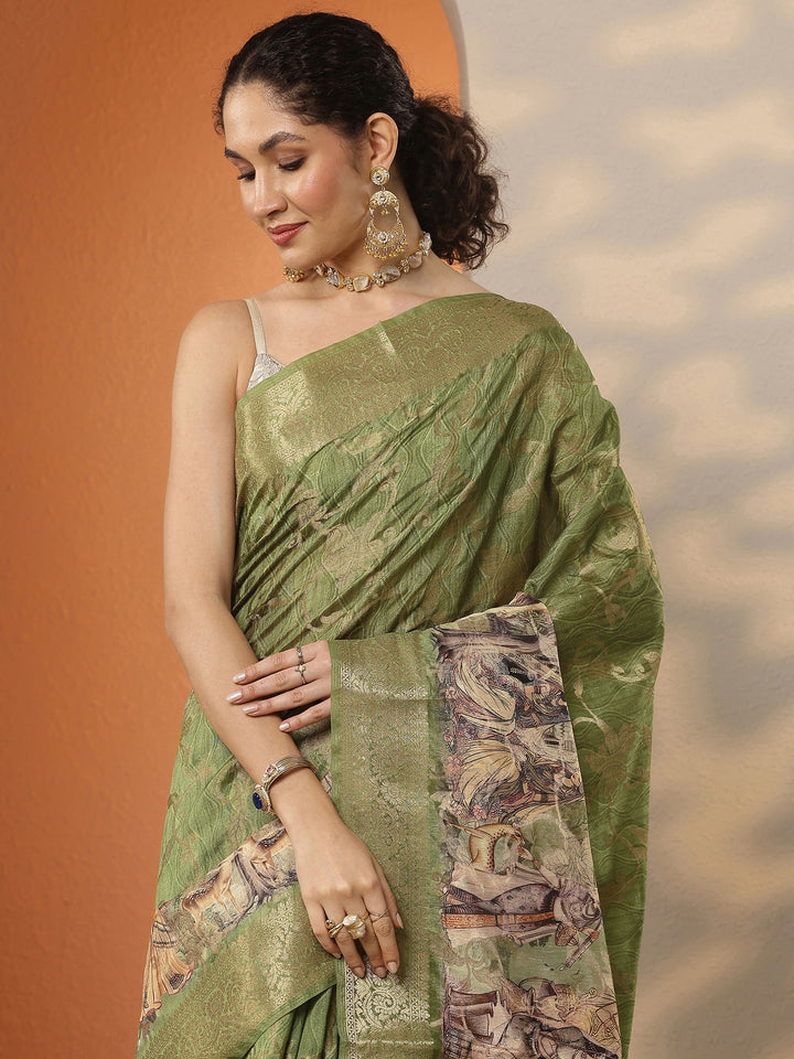 Green Woven Design Silk Blend Saree With Unstitched Blouse Piece