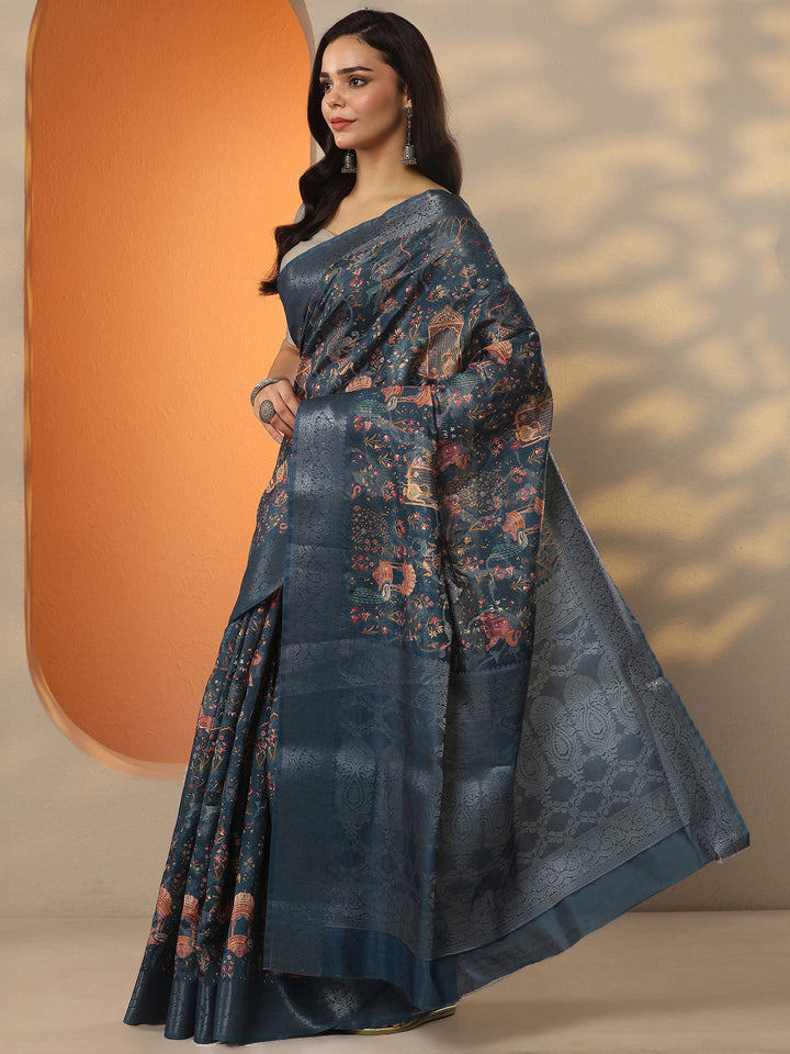 Blue Printed Silk Blend Saree With Unstitched Blouse Piece