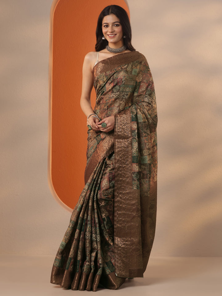 Brown Printed Silk Blend Saree With Unstitched Blouse Piece
