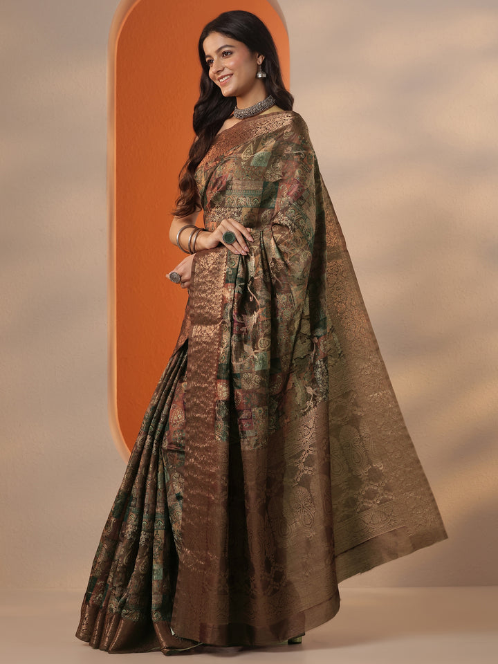 Brown Printed Silk Blend Saree With Unstitched Blouse Piece