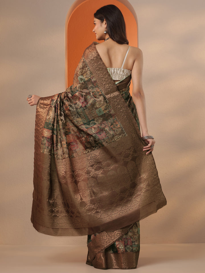 Brown Printed Silk Blend Saree With Unstitched Blouse Piece