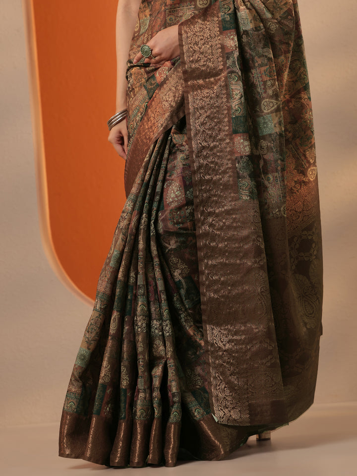 Brown Printed Silk Blend Saree With Unstitched Blouse Piece