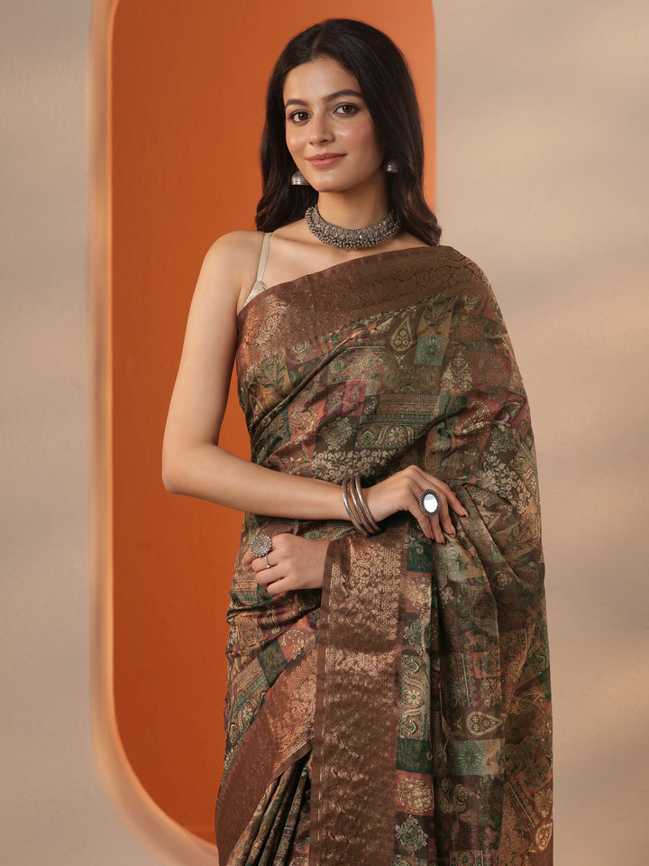 Brown Printed Silk Blend Saree With Unstitched Blouse Piece