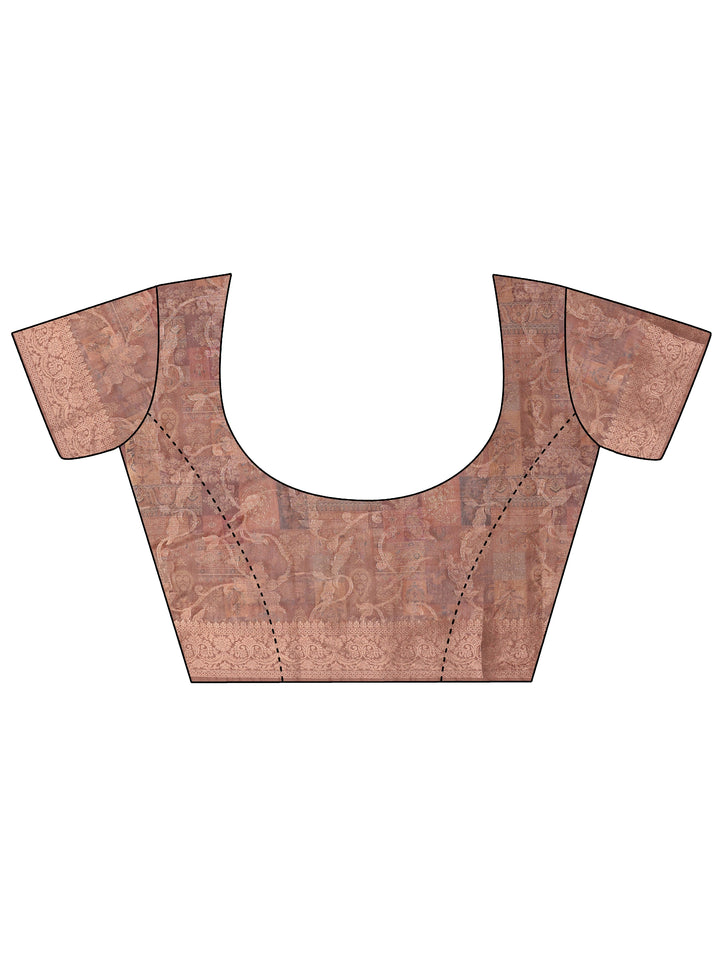 Brown Printed Silk Blend Saree With Unstitched Blouse Piece