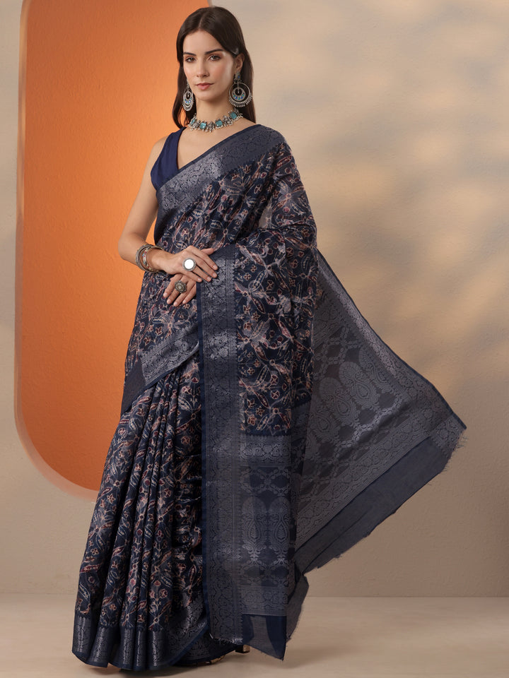 Navy Blue Printed Silk Blend Saree With Unstitched Blouse Piece