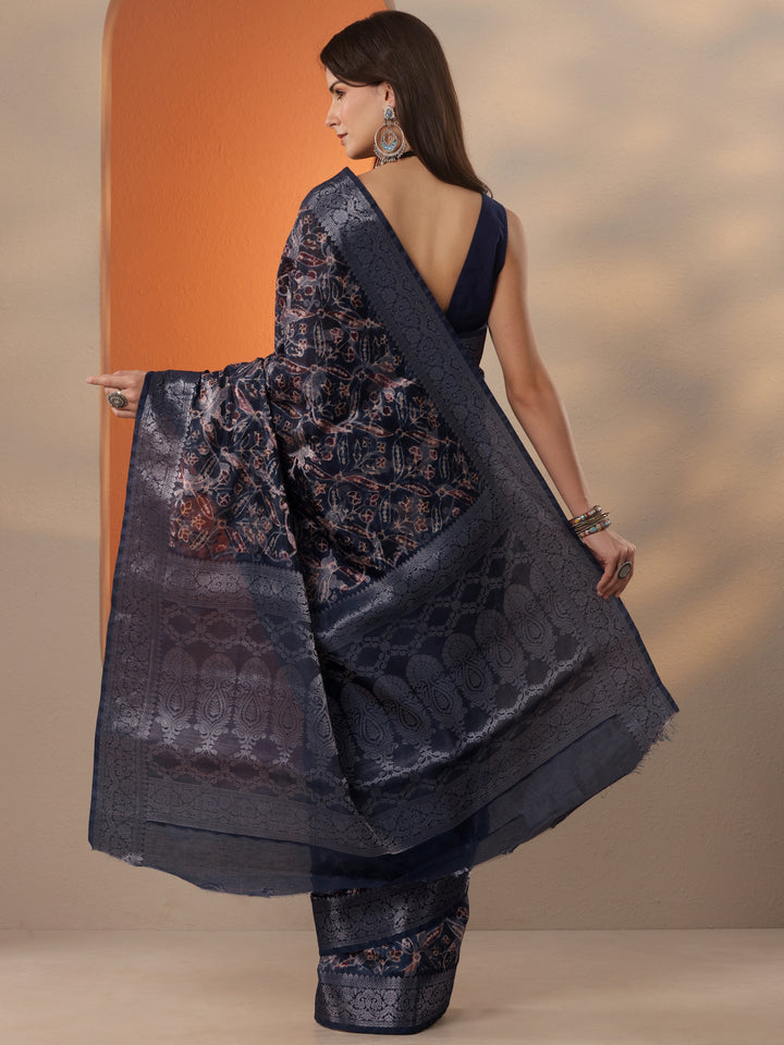 Navy Blue Printed Silk Blend Saree With Unstitched Blouse Piece