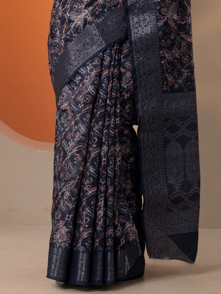 Navy Blue Printed Silk Blend Saree With Unstitched Blouse Piece