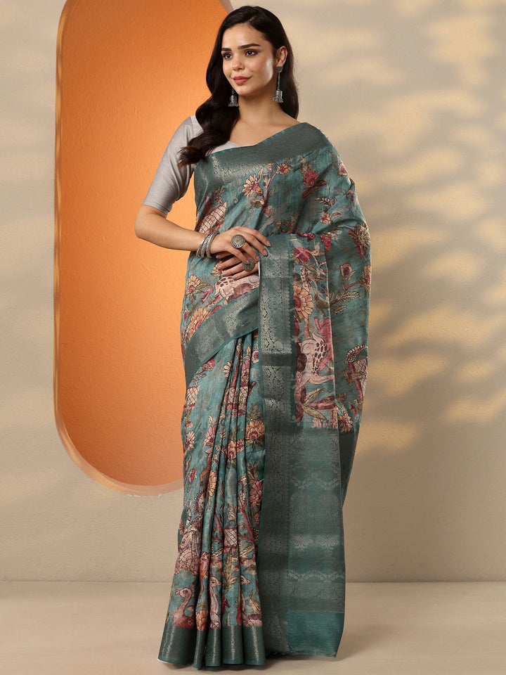 Blue Printed Silk Blend Saree With Unstitched Blouse Piece