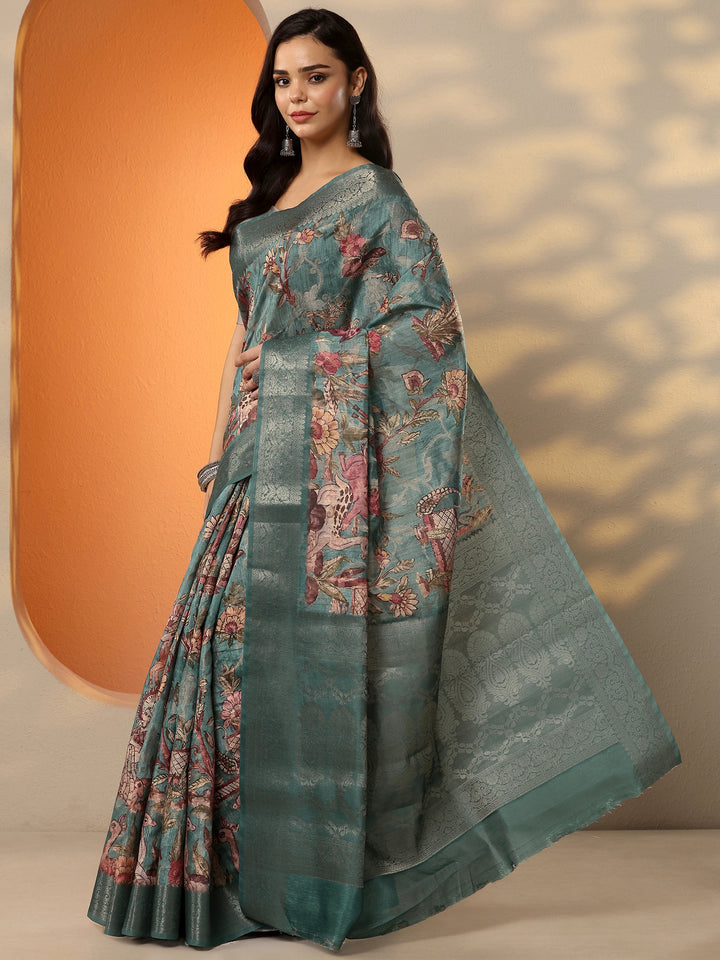 Blue Printed Silk Blend Saree With Unstitched Blouse Piece