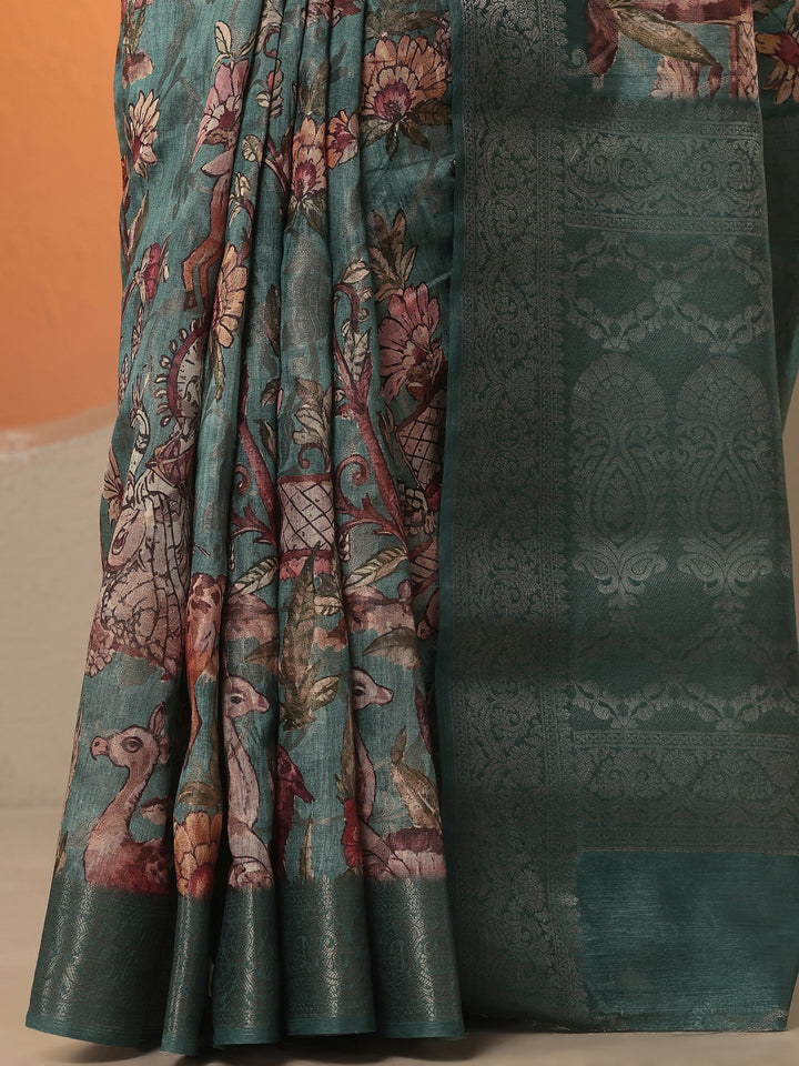 Blue Printed Silk Blend Saree With Unstitched Blouse Piece