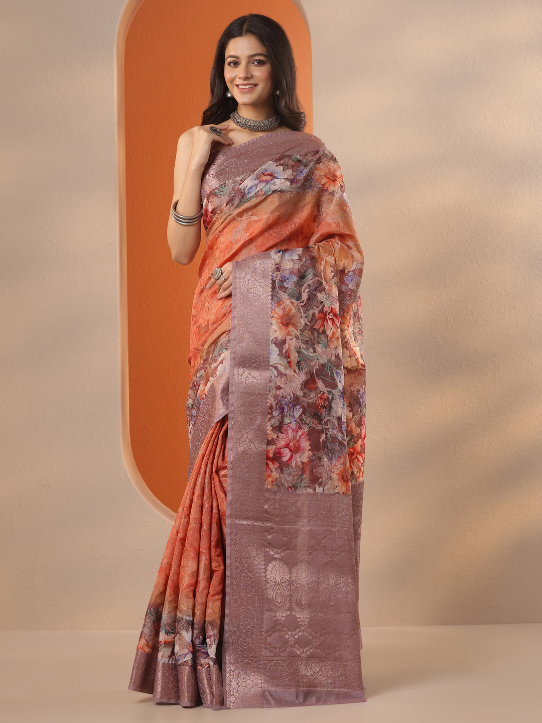 Coral Printed Silk Blend Saree With Unstitched Blouse Piece