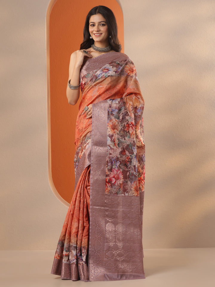 Coral Printed Silk Blend Saree With Unstitched Blouse Piece