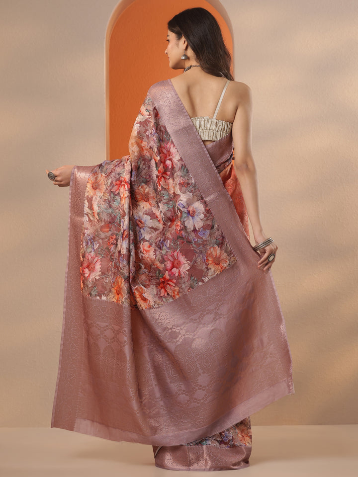 Coral Printed Silk Blend Saree With Unstitched Blouse Piece