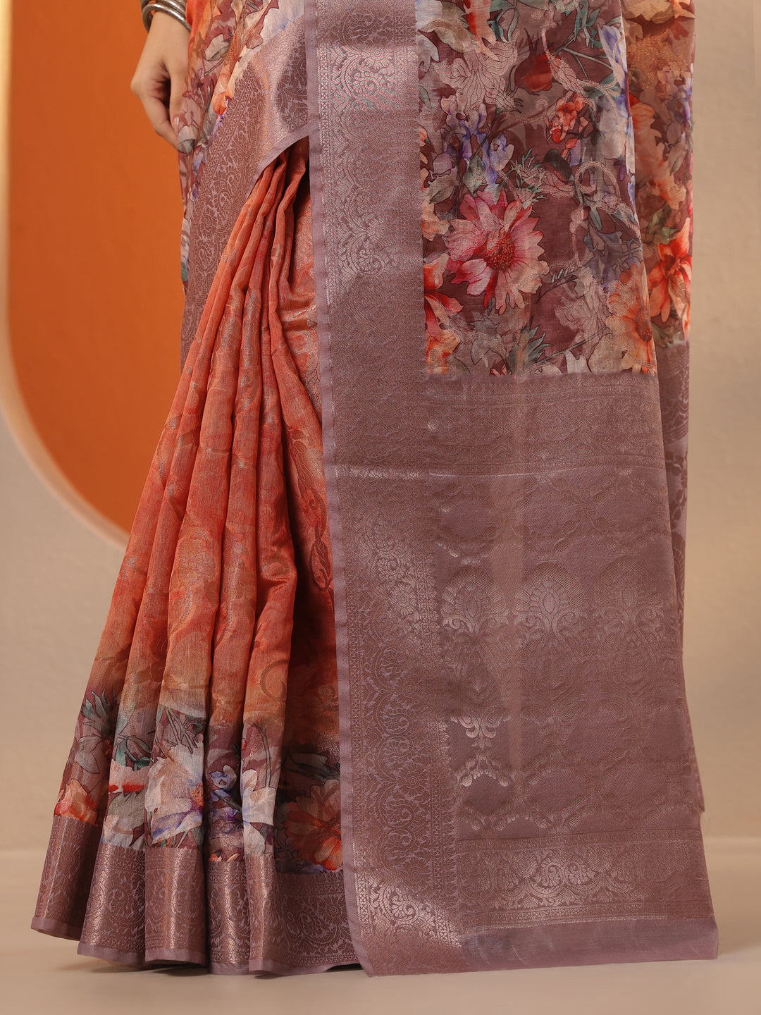 Coral Printed Silk Blend Saree With Unstitched Blouse Piece