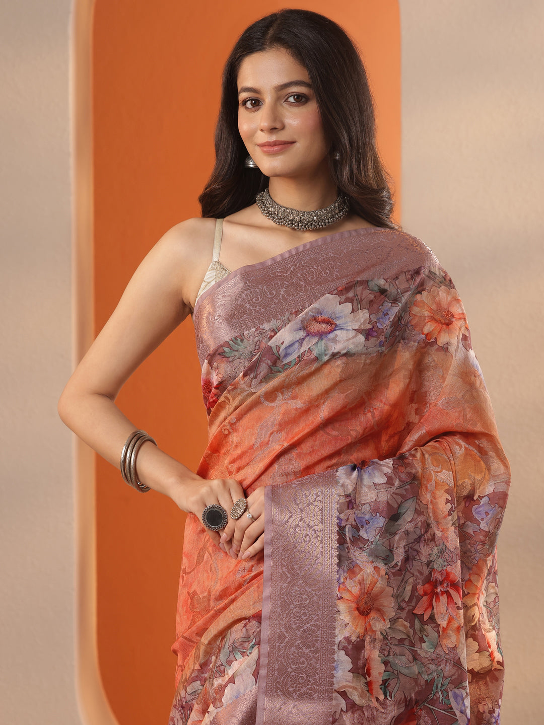 Coral Printed Silk Blend Saree With Unstitched Blouse Piece