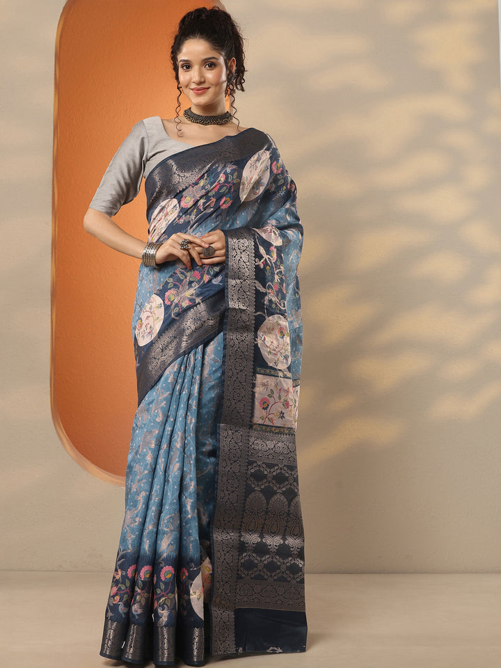 Blue Woven Design Silk Blend Saree With Unstitched Blouse Piece