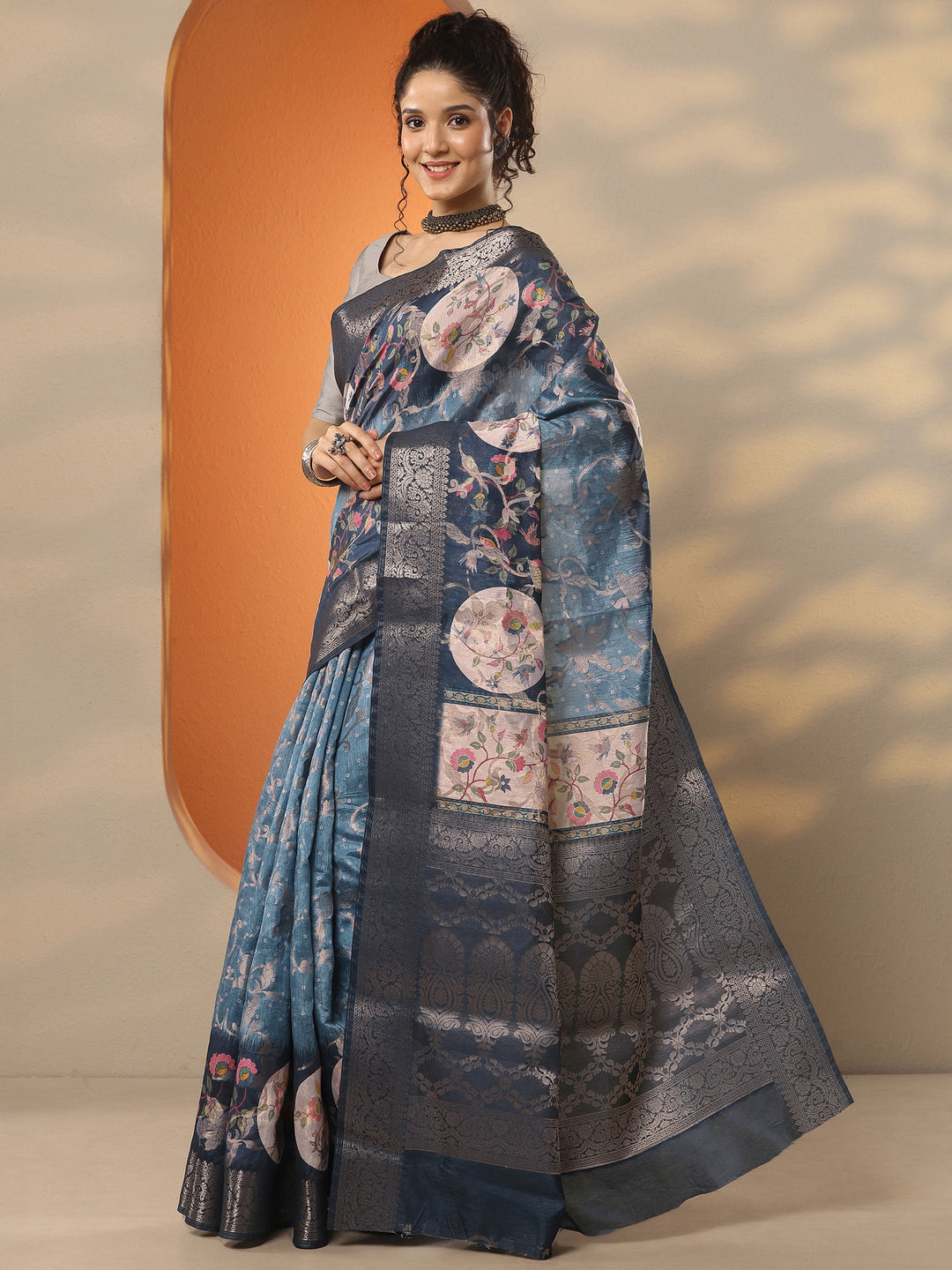 Blue Woven Design Silk Blend Saree With Unstitched Blouse Piece